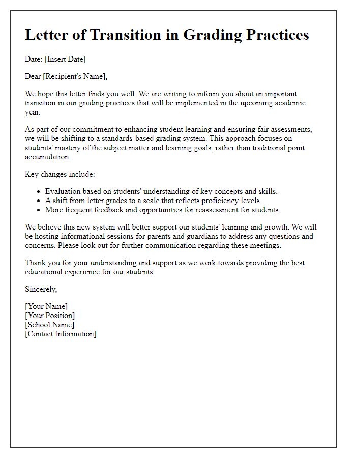 Letter template of transition in grading practices