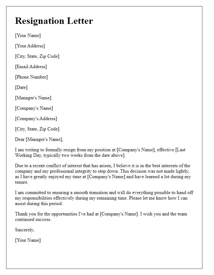 Letter template of resignation citing a conflict of interest.