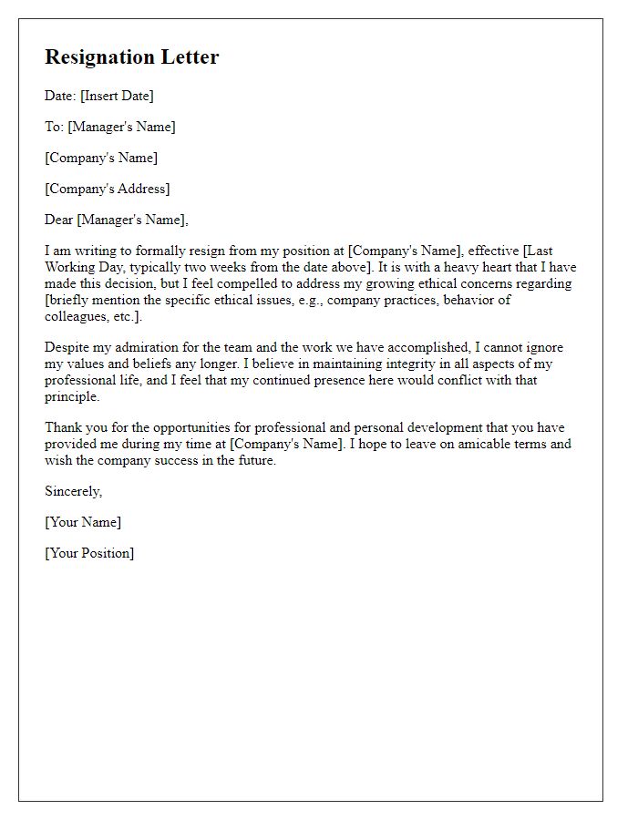 Letter template of resignation due to ethical concerns.