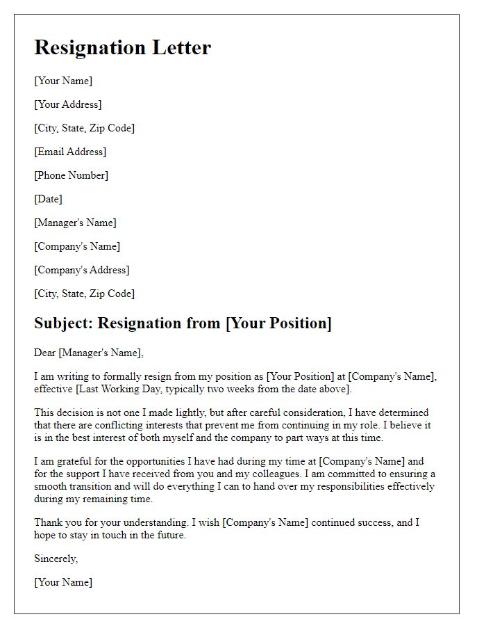 Letter template of resignation from a position related to conflicting interests.