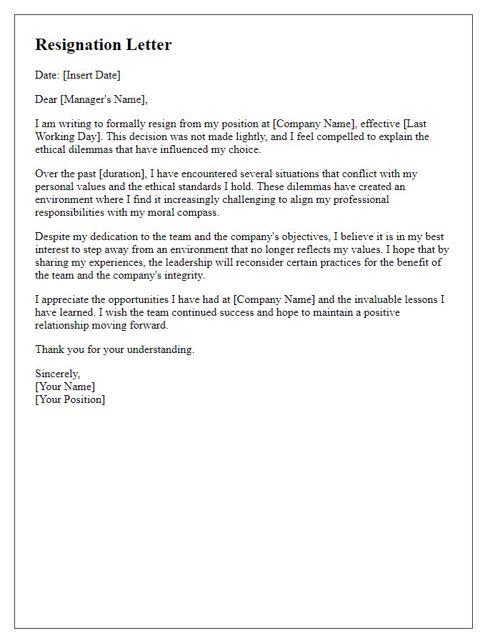 Letter template of resignation highlighting ethical dilemmas.