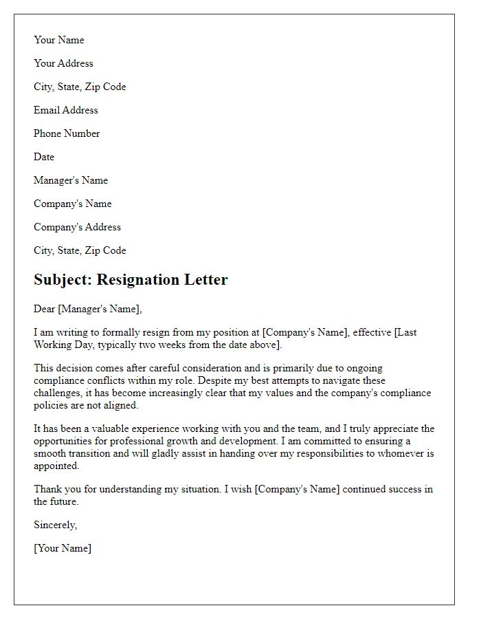 Letter template of resignation referencing compliance conflicts.