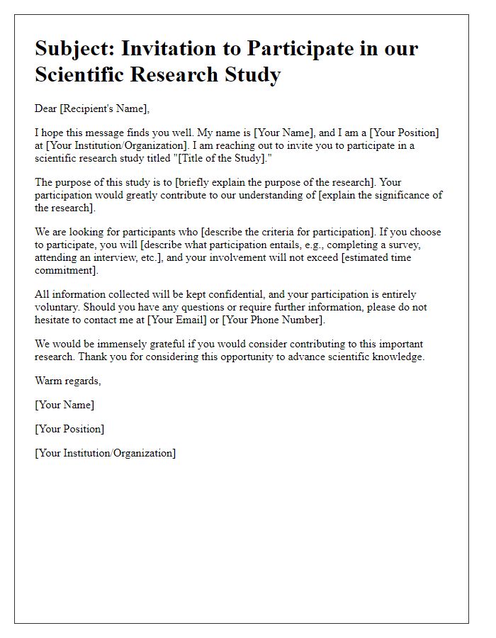 Letter template of plea for participation in scientific research