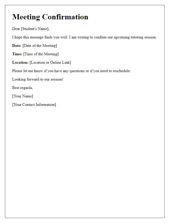 Letter template of confirming tutoring meeting time