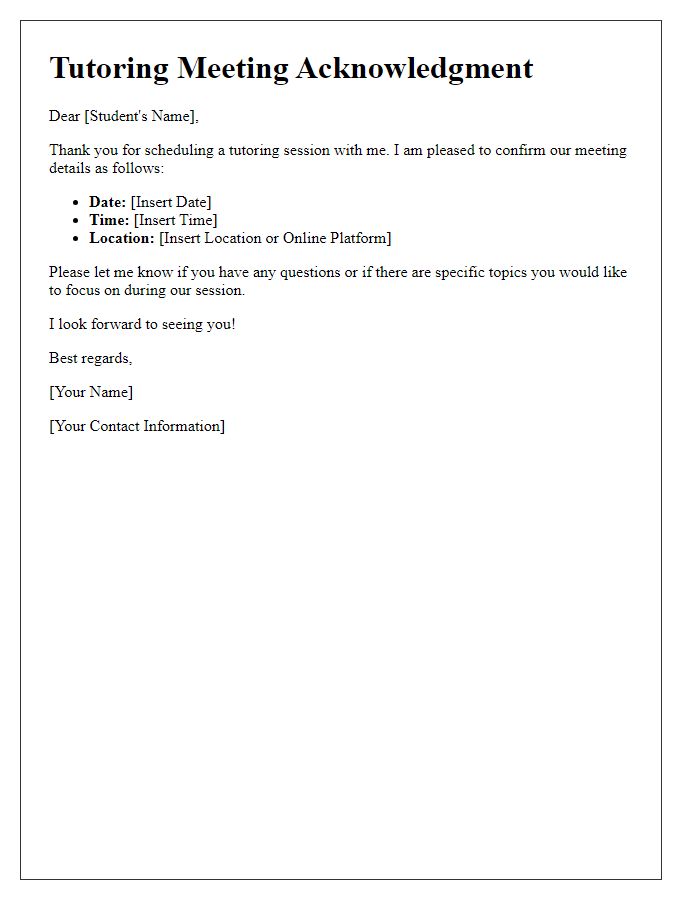 Letter template of scheduled tutoring meeting acknowledgment