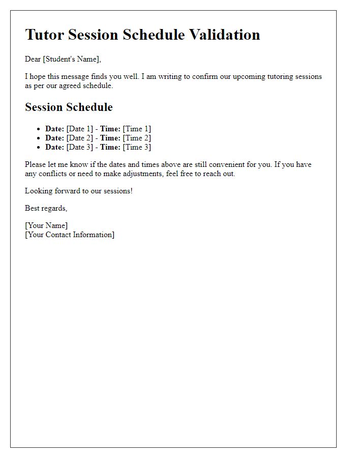 Letter template of tutor session schedule validation