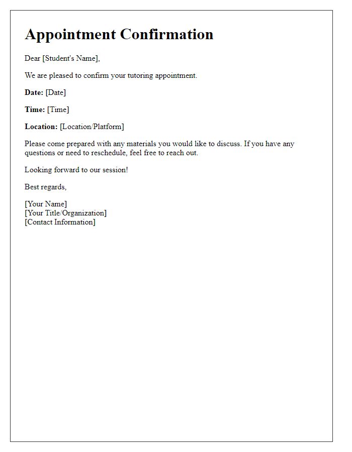 Letter template of tutoring appointment confirmation