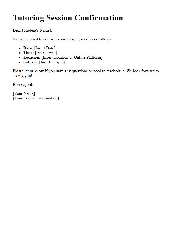 Letter template of tutoring session arrangement confirmation