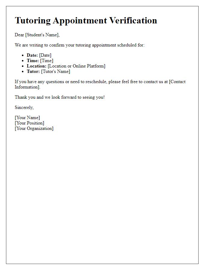 Letter template of verifying tutoring appointment schedule