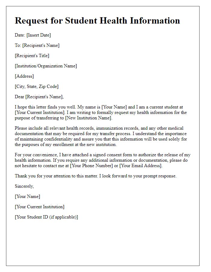 Letter template of application for student health information for transfer purposes.