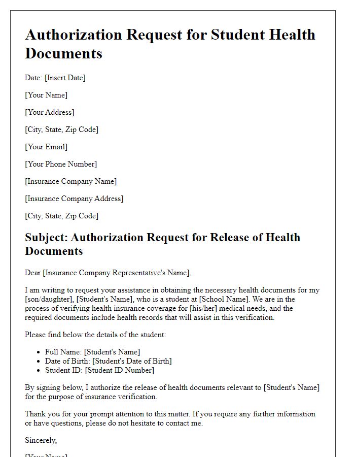 Letter template of authorization request for student health documents for insurance verification.