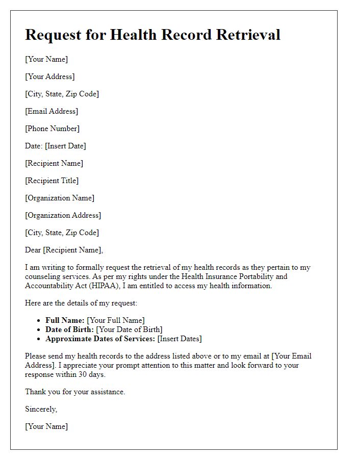 Letter template of demand for health record retrieval for counseling services.