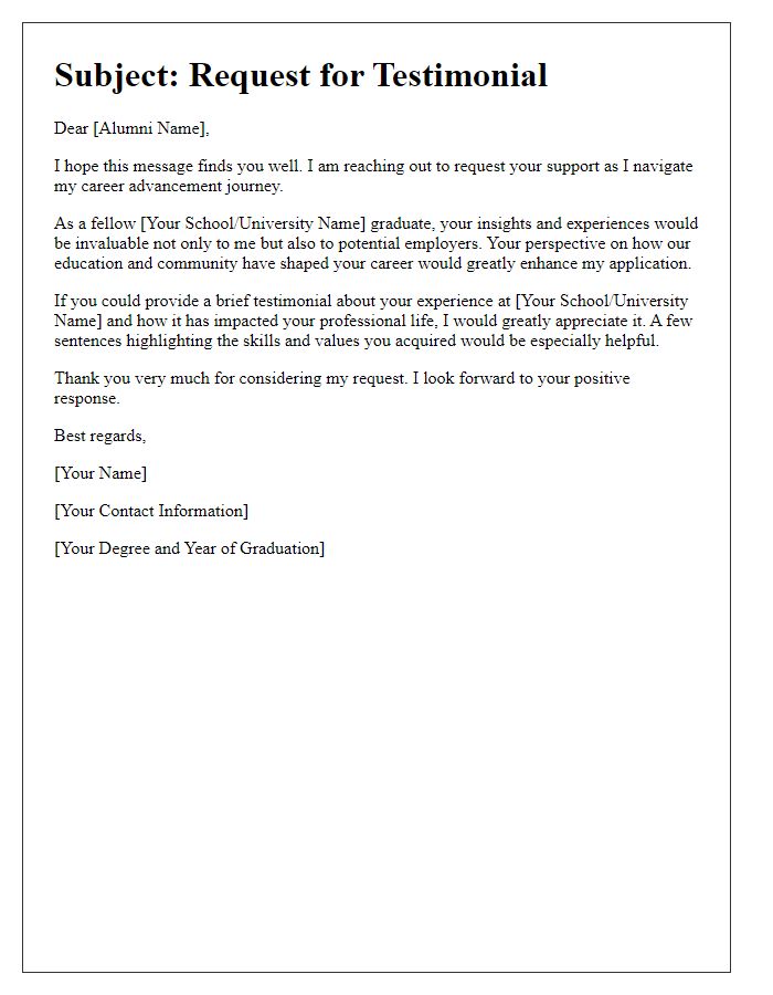 Letter template of Alumni Testimonial Request for Career Advancement