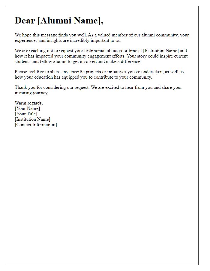 Letter template of Alumni Testimonial Request for Community Engagement