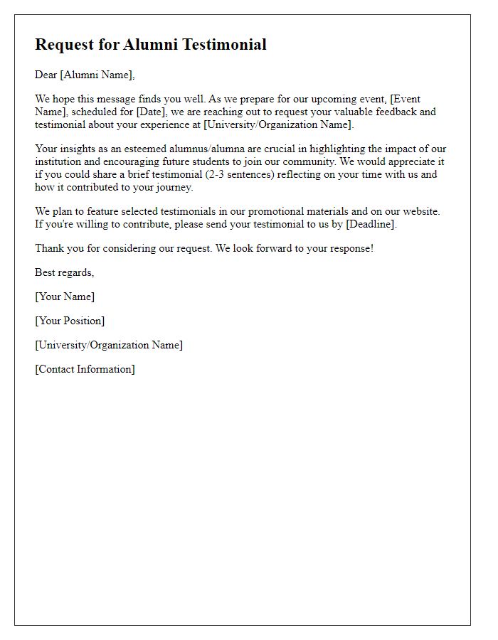 Letter template of Alumni Testimonial Request for Event Promotion