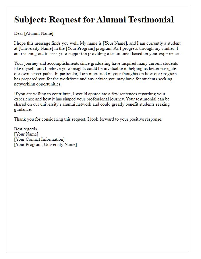 Letter template of Alumni Testimonial Request for Networking Opportunities