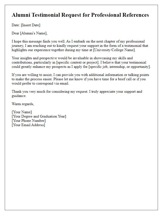 Letter template of Alumni Testimonial Request for Professional References