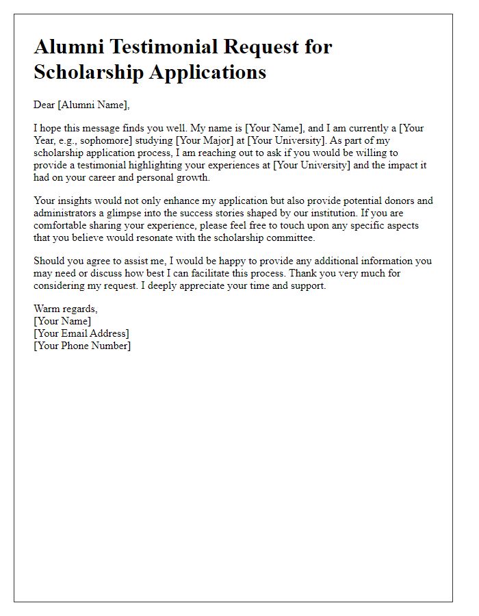 Letter template of Alumni Testimonial Request for Scholarship Applications