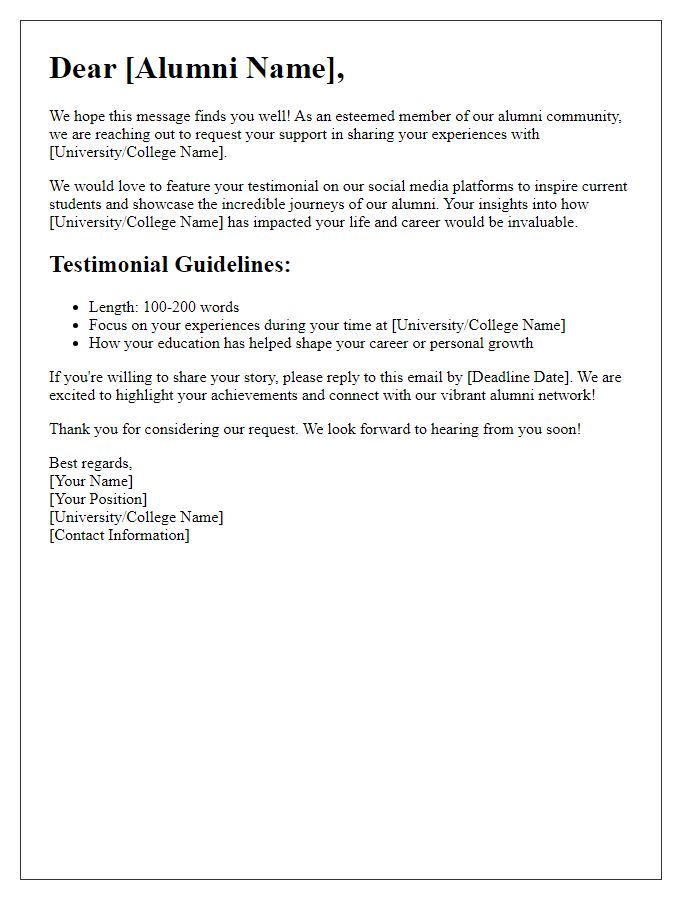 Letter template of Alumni Testimonial Request for Social Media Features