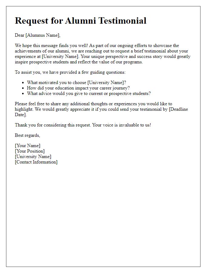 Letter template of Alumni Testimonial Request for University Marketing