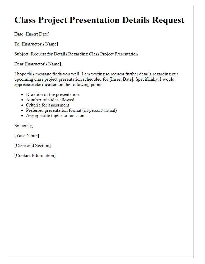 Letter template of class project presentation details request