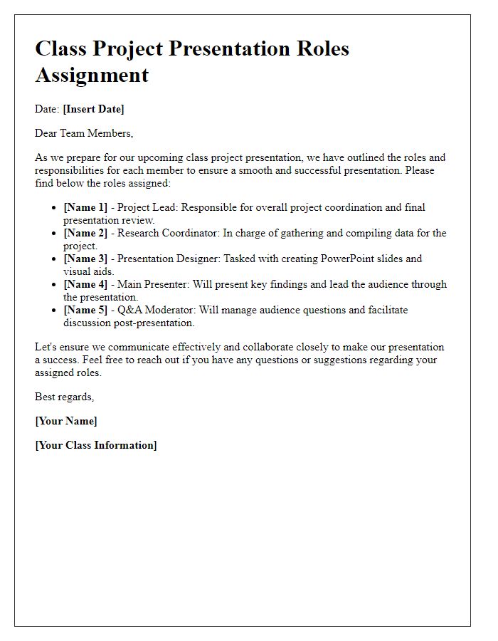 Letter template of class project presentation roles assignment