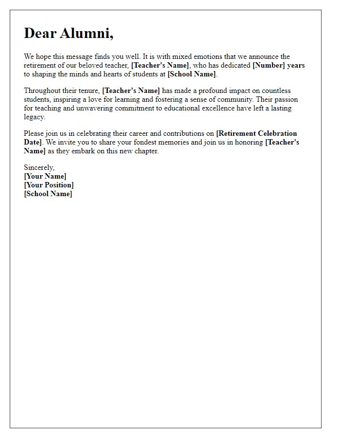 Letter template of teacher retirement announcement for alumni