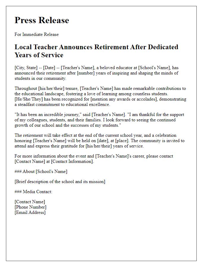 Letter template of teacher retirement announcement for local media