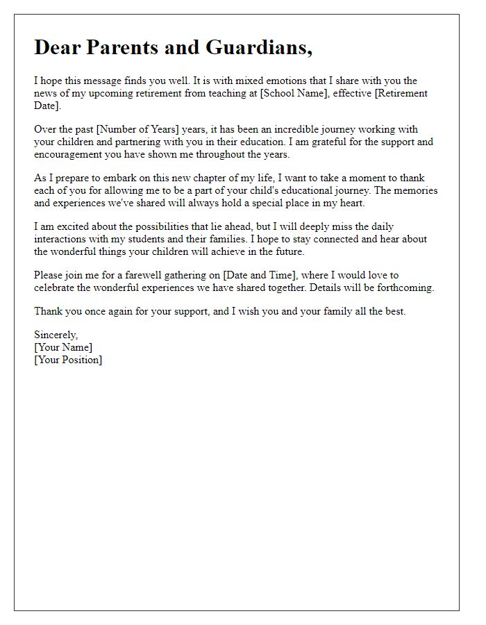 Letter template of teacher retirement announcement for parents