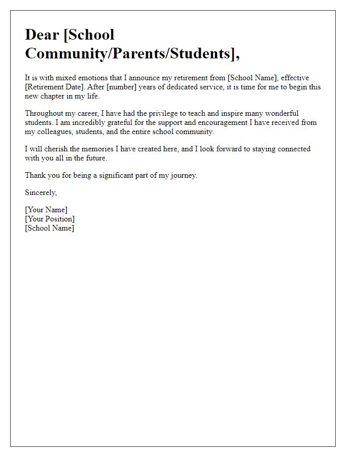 Letter template of teacher retirement announcement for school community