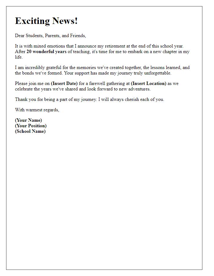 Letter template of teacher retirement announcement for social media sharing