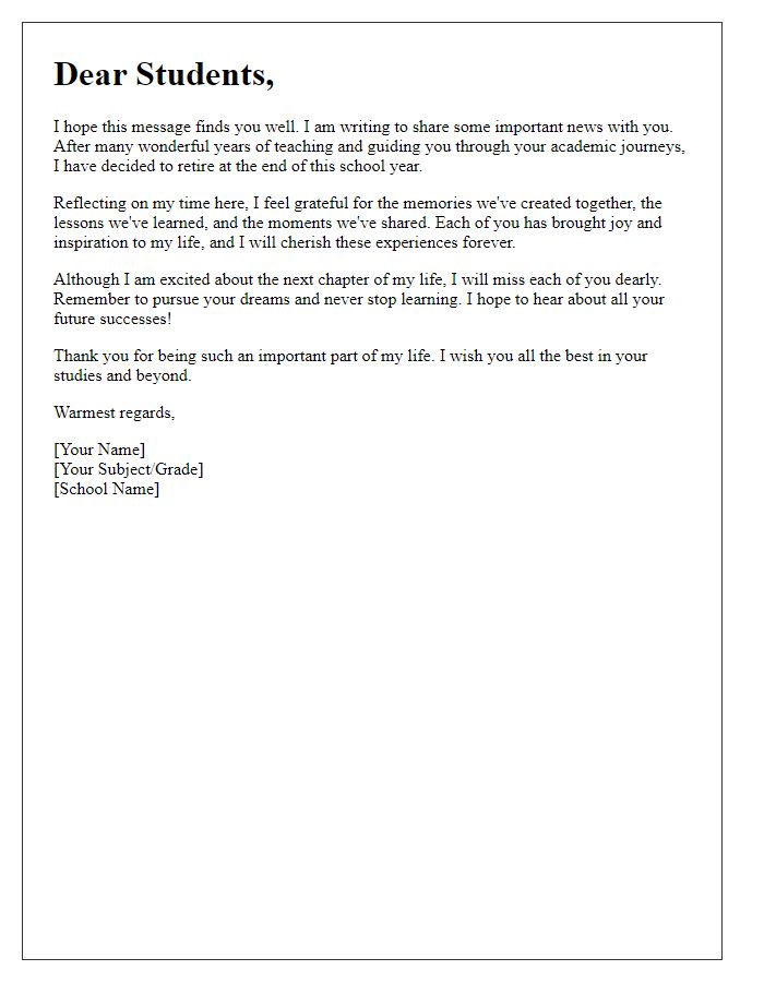 Letter template of teacher retirement announcement for students