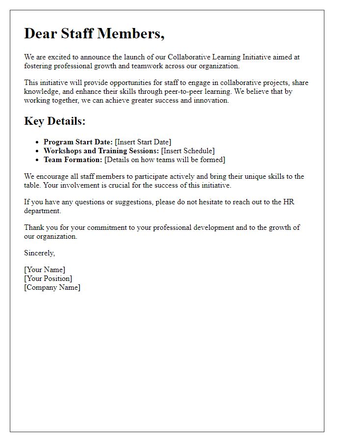 Letter template of collaborative learning initiative for staff growth