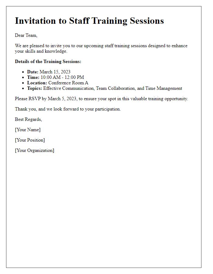 Letter template of invitation to staff training sessions