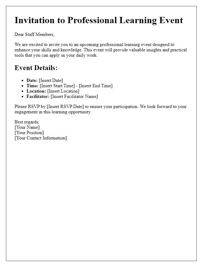 Letter template of professional learning event for staff members