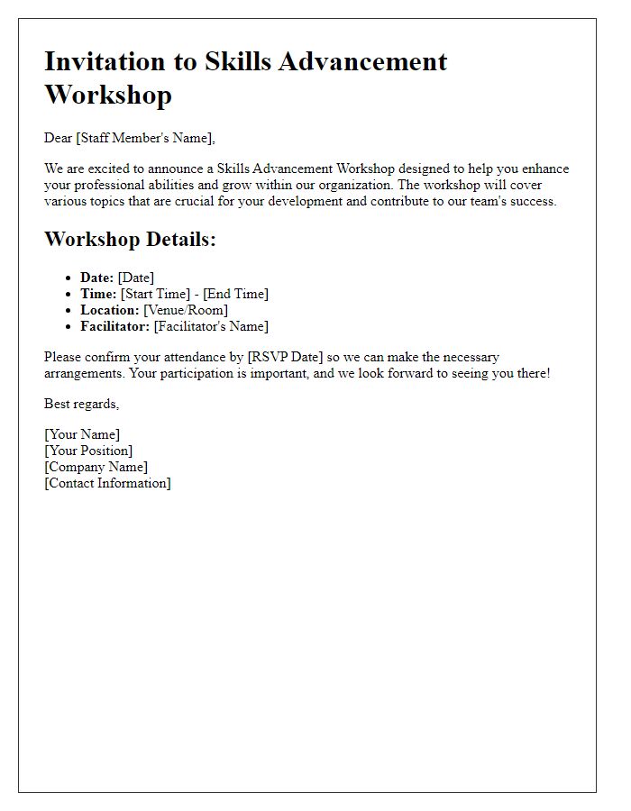 Letter template of skills advancement workshop for staff