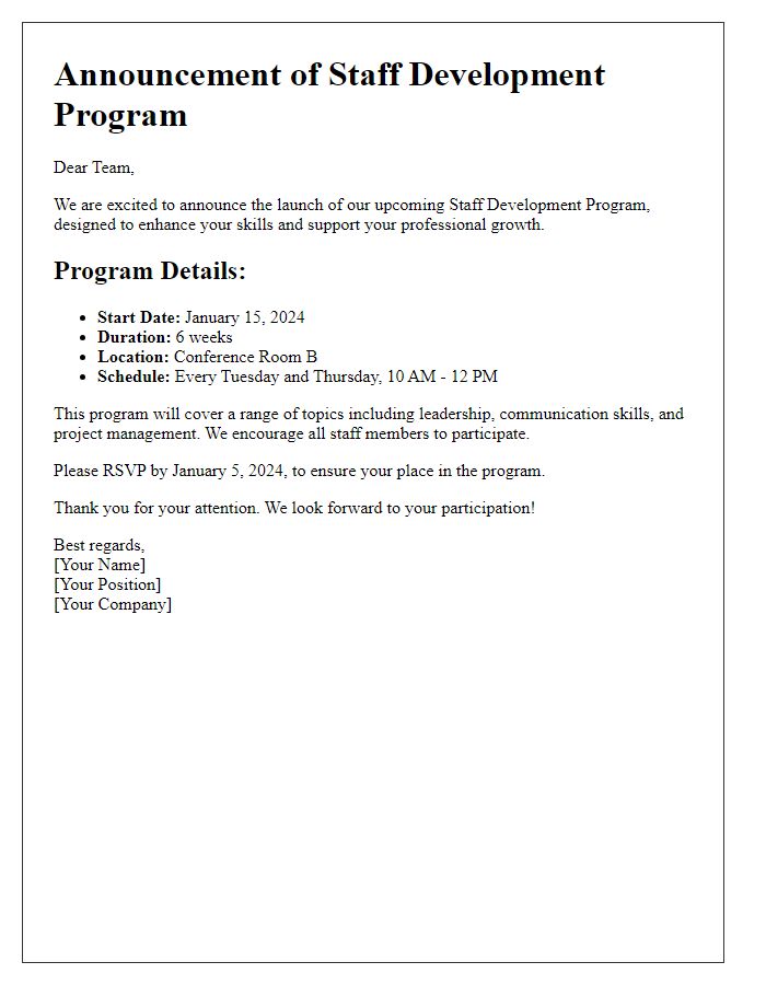 Letter template of staff development program announcement