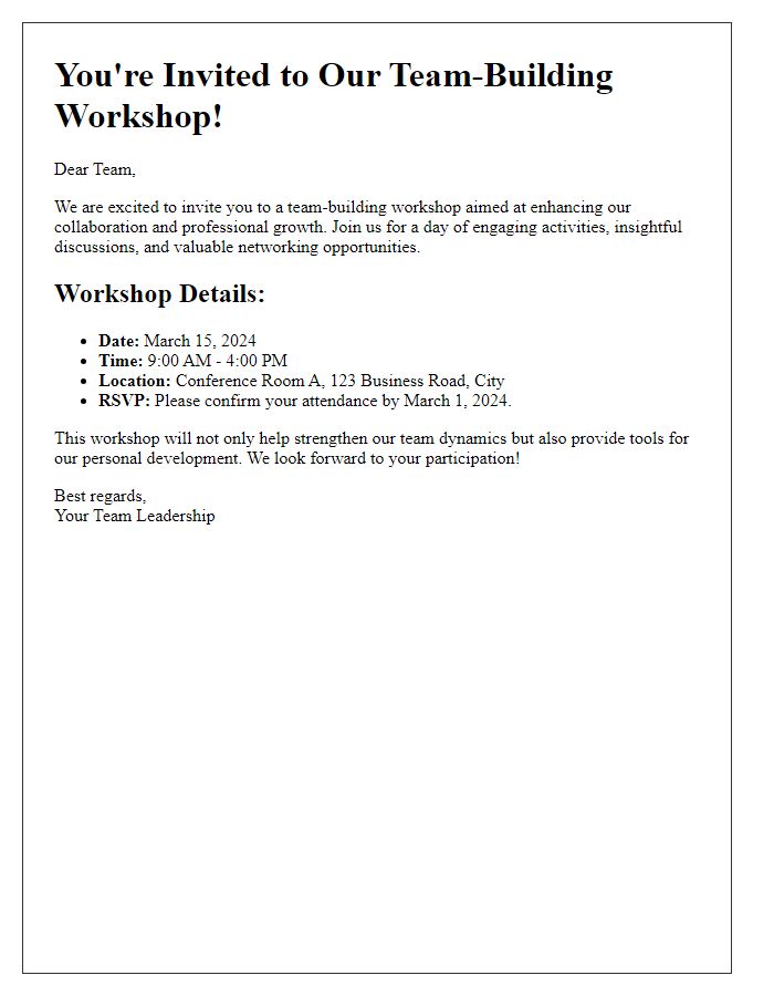 Letter template of team-building workshop invitation for professional growth