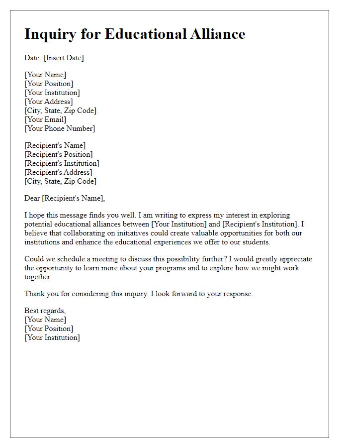 Letter template of inquiry for educational alliance