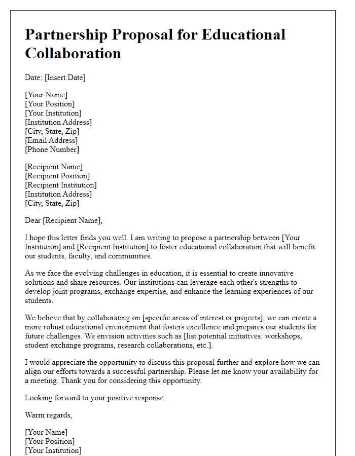 Letter template of partnership proposal for educational collaboration