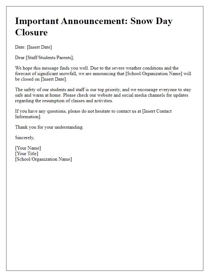 Letter template of administrative snow day closure communication.