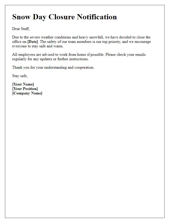 Letter template of snow day closure notification for staff.