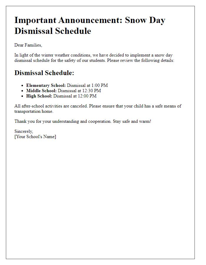 Letter template of snow day dismissal schedule for families.