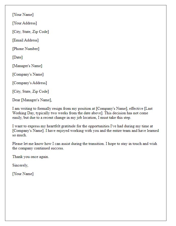 Letter template of formal resignation due to job location change