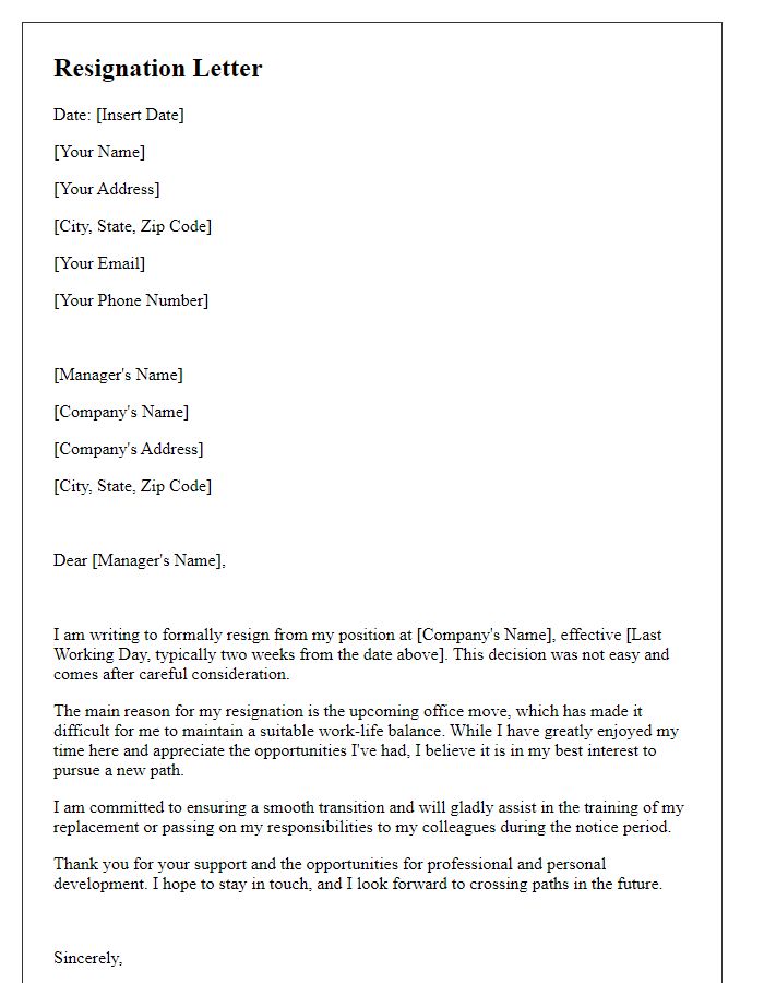 Letter template of resignation because of office move