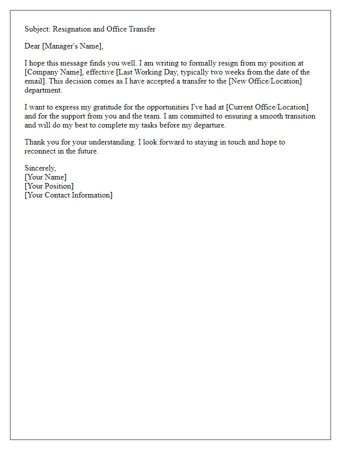 Letter template of resignation email regarding office transfer