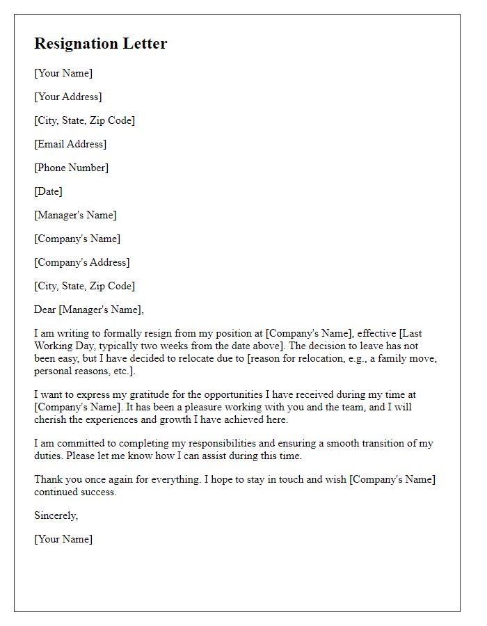 Letter template of resignation related to office relocation