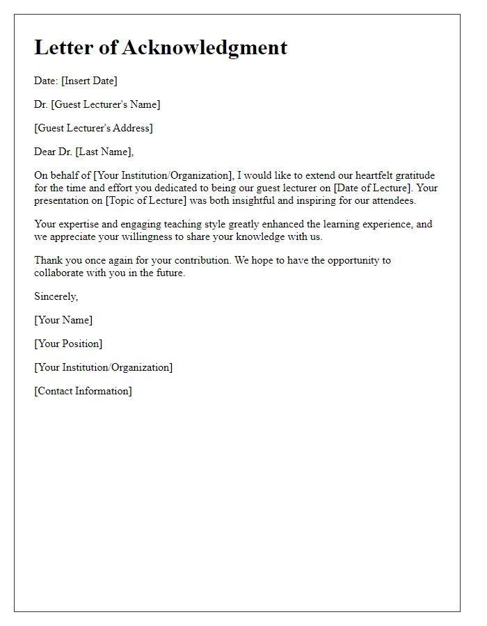 Letter template of acknowledgment for guest lecturer's time