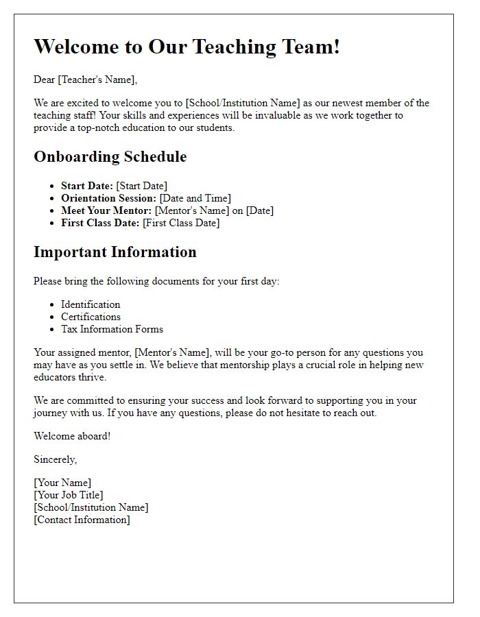 Letter template of onboarding for fresh teaching staff.