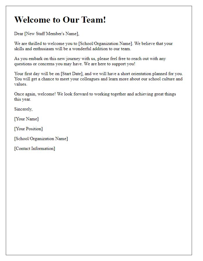 Letter template of welcome for new teaching staff members.